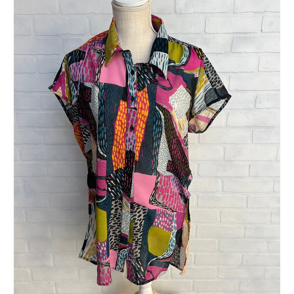 Turquoise Haven Bold Pattern Colorful Semi Shear Short Sleeve Tunic Top -sz S